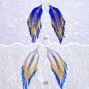 jewelry, feather earrings, long earrings Gold Blue Purple, oriental style earrings, beaded earrings, fringe earrings, decor, knitted things
