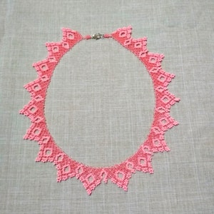Coral beads Necklace pink Beaded jewel Vulcular things Accessories for women Gifts for women Openwork Weaving Checker Boho decor
