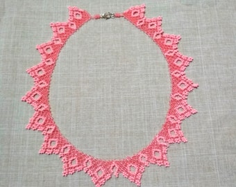Coral beads Necklace pink Beaded jewel Vulcular things Accessories for women Gifts for women Openwork Weaving Checker Boho decor