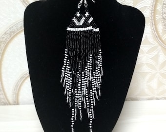long earrings, black white silver earrings, glitter earrings, evening earrings, long beaded earrings, beaded earrings, fringed earrings