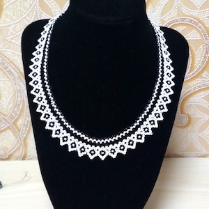 black and white necklace, handmade beads, beaded necklace, boho, collar,knitted items,openwork weaving,black necklace,white necklace,jewelry
