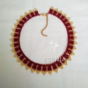 burgundy gold necklace, handmade beads, beaded necklace, beaded collar, knitted things, openwork weaving, jewelry, for her, gifts