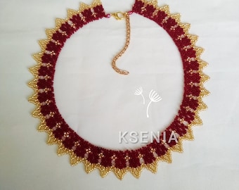 burgundy gold necklace, handmade beads, beaded necklace, beaded collar, knitted things, openwork weaving, jewelry, for her, gifts