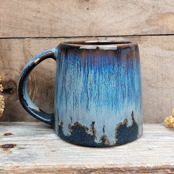 16oz Large coffee mug, Handmade ceramic mug with blue glaze, Stoneware mug, Aurora borealis mug, Special effect glaze mug, Modern home mug