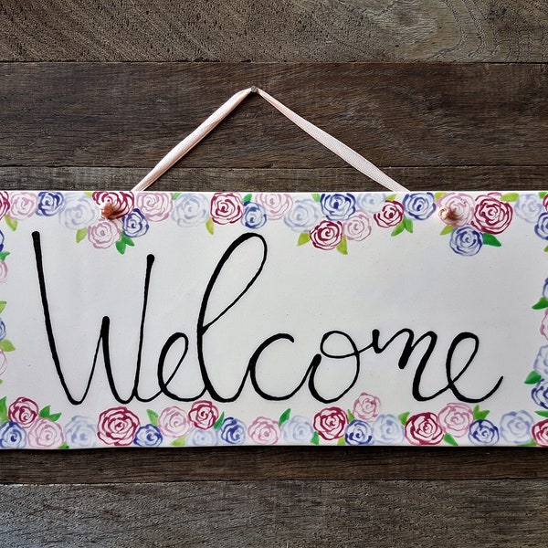Large door sign, Ceramic door hanging sign, Housewarming sign, Flower border welcome sign, Welcome home sign, Welcome ceramic tiles