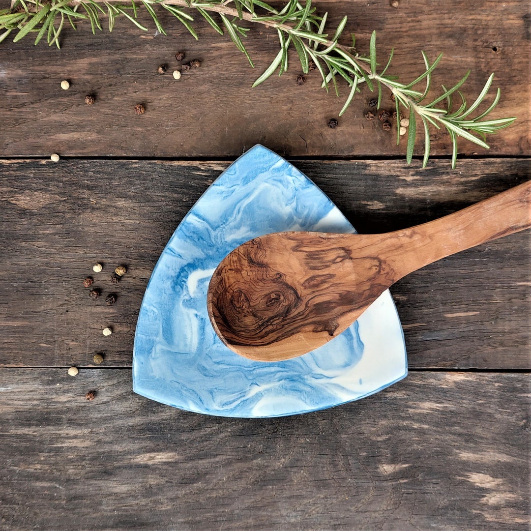 Blue Spoon Holder, Spoon Rest for Stove, Marbled Spoon Rest, Blue