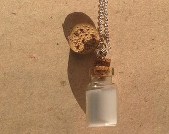Necklace, pendant bottle with milk and cookie