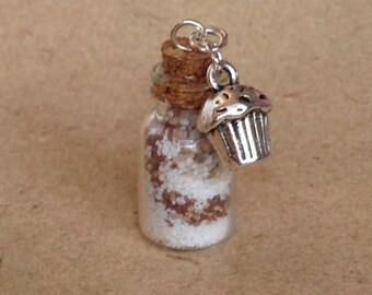 Necklace, chain pendant bottle with backingmix and muffin, cupcake