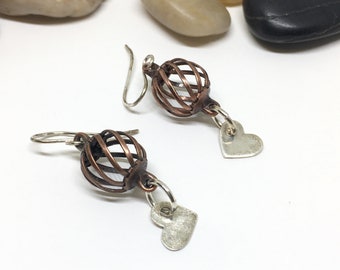 Heart Copper Earrings, Mixed Metal Earrings Dangle, Unique Heart Earrings, Women Earthy Jewelry, Romantic Valentines Gift for Her