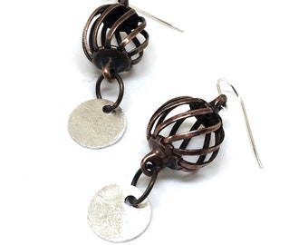 Dangle Copper Bead Earrings, Handmade Silver and Copper Earrings, Boho Earthy Earrings, Round Copper Earrings, Casual Earrings for Women