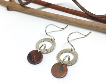 Silver and Copper Circle Earrings, Double Circle Earrings, Mixed Metal Earrings, Artisan Made Earrings, Dainty Disc Earrings, Patina earring