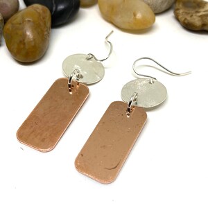 Long Dangle Copper Earrings, Copper Drop Earrings and Sterling Silver Disc, Mixed Metal Earring a Gift fot Her