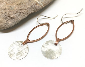 Copper Teardrop Earrings, Handmade Copper and Silver Earrings, Mixed Metal Earrings, Bohemian Earrings Copper, Woman Casual Earrings