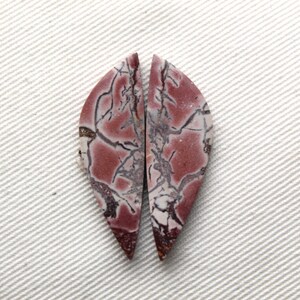 May include: Two matching teardrop-shaped cabochons featuring a polished surface with a deep reddish-brown base color and intricate, dark grey to black veining patterns that create a web-like appearance across the stone faces.