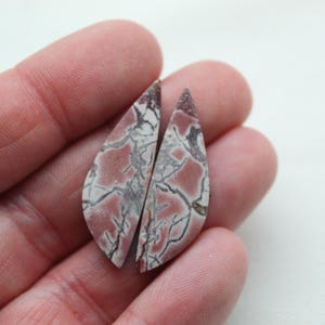 May include: Two teardrop-shaped cabochons featuring a dusty rose and cream-colored base with a complex network of dark grey and black veining throughout the surface. These polished stone pieces have a smooth, flat back and a curved front surface.