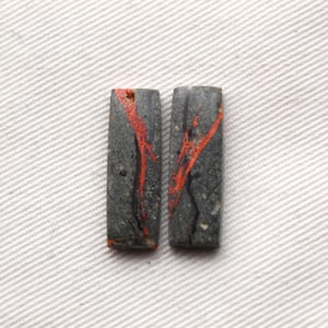 May include: Two rectangular, grey stone pendants with vibrant red veining. Each pendant has a small hole at the top for stringing. The pendants are displayed on a white, textured surface.