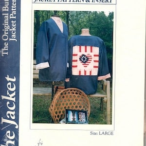 May include: A sewing pattern for a blue jacket with a red, white, and blue patriotic heart design. The pattern is titled "4th of July Jacket Pattern & Insert" and is for a size large. The pattern is from the Thread Bare Pattern Company.