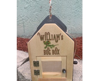 May include: A wooden bug box with a hinged door and a mesh screen. The box is painted with a green lizard and the text "William's Bug Box".