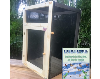 Large Monarch Butterfly Enclosure Habitat (24"x15"x15" Wooden Frame)  and How-To Book