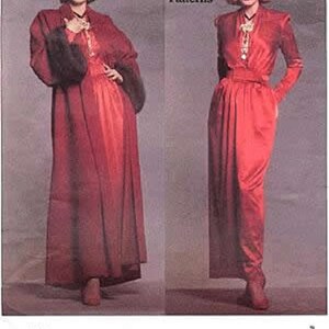 May include: Vogue Patterns 1045, a vintage sewing pattern for a red dress and coat by Givenchy. The pattern features a long, flowing dress with a cinched waist and a matching coat with fur trim.
