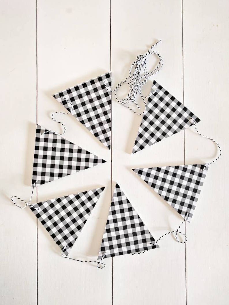 gingham Bunting Flags Flags Black /& White Plaid Wood Banner Wood Bunting Flags Check Banner Bunting Garland
