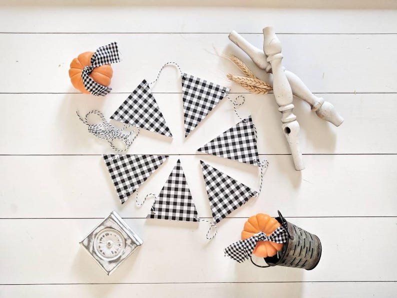 gingham Bunting Flags Flags Black /& White Plaid Wood Banner Wood Bunting Flags Check Banner Bunting Garland