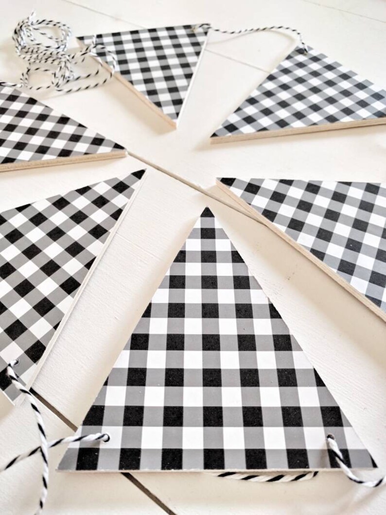 gingham Bunting Flags Flags Black /& White Plaid Wood Banner Wood Bunting Flags Check Banner Bunting Garland