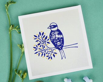 Carte Linogravure Oiseau de printemps bleu