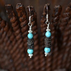 Carved Bone, Magnesite and Sterling Silver Dangle Earrings