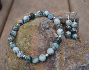 Tree Agate and Sterling Silver stretch bracelet and dangle earrings set