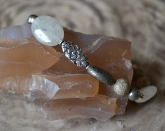 Grey Feldspar, Sterling Silver, Aqua Terra Jasper and Pyrite Stretch Bracelet