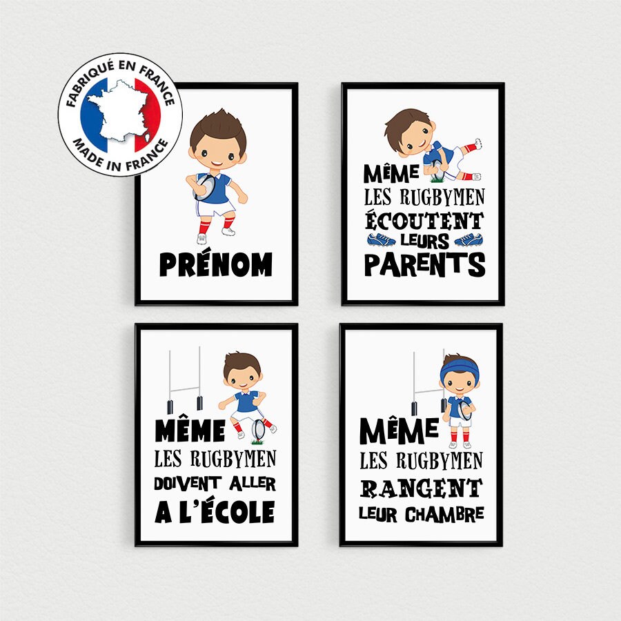 Affiches Enfants avec Des Rugbymen, Lot de 4 Affiches Citations en Français, Décoration Chambre, Per