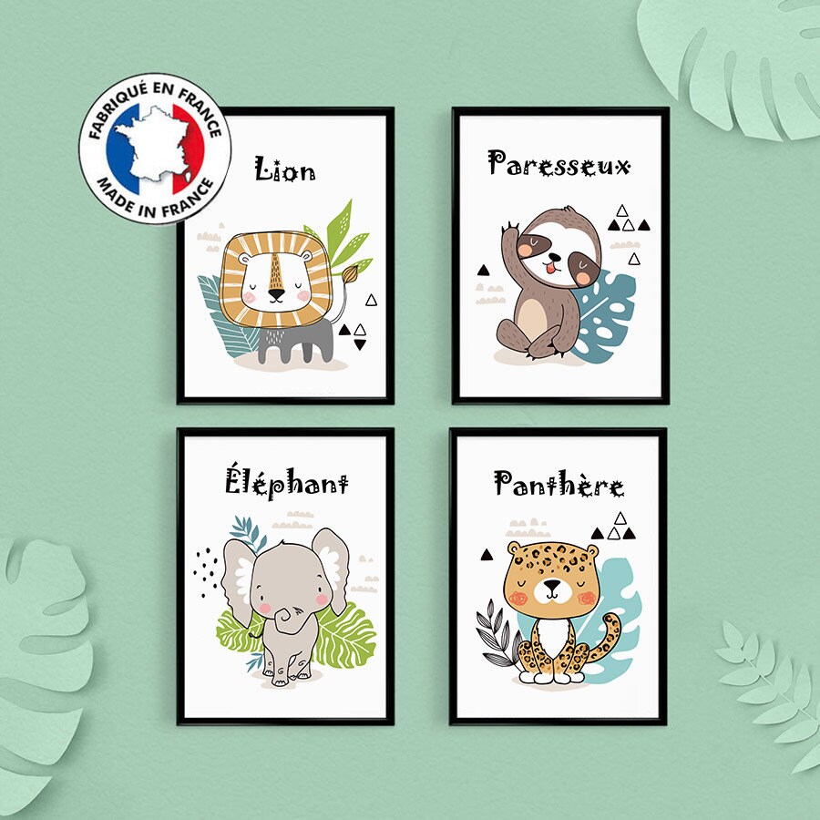 Décoration de Chambre d'enfant, 4 Affiches Animaux, Décoration Jungle Tropicale, Citations en França