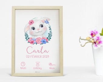 Personalized birth gift with a rabbit and flowers, frame with an animal and the baby's name and weight (created by Choupisson)
