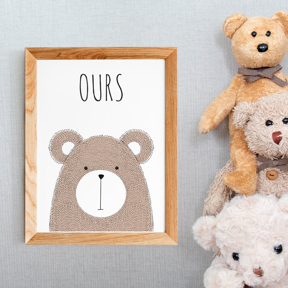 Cadeau de Naissance, Affiche Ours avec Citation en Français, Décoration Chambre Bébé, Style Scandina