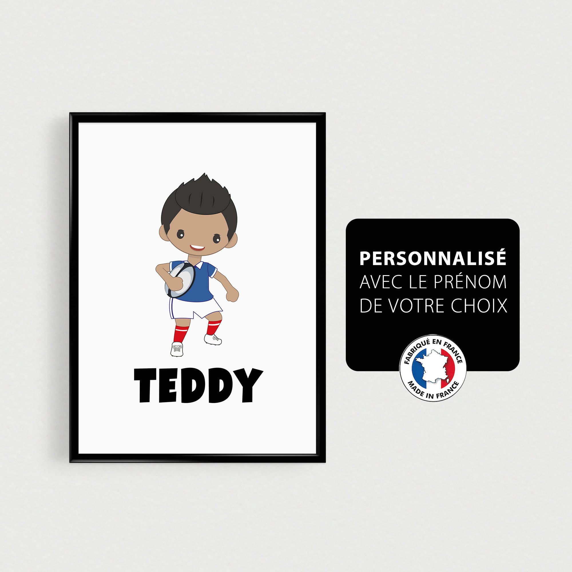 Affiche Prénom Personnalisé avec Un Enfant Métis Rugbyman, Décoration de Chambre d'enfant Rugby ou B