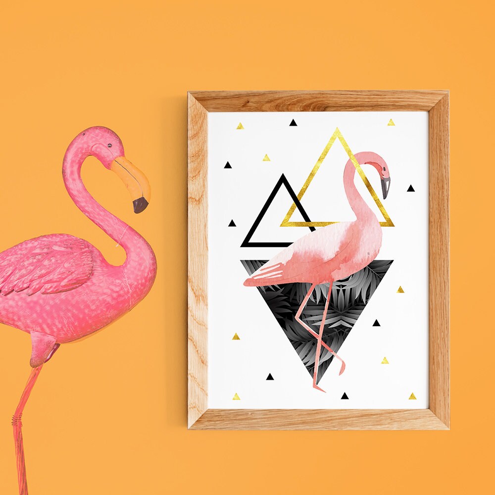 Affiche A4 Flamant Rose, Scandinave, Triangles Doré Or Rose et Noir, Palmiers