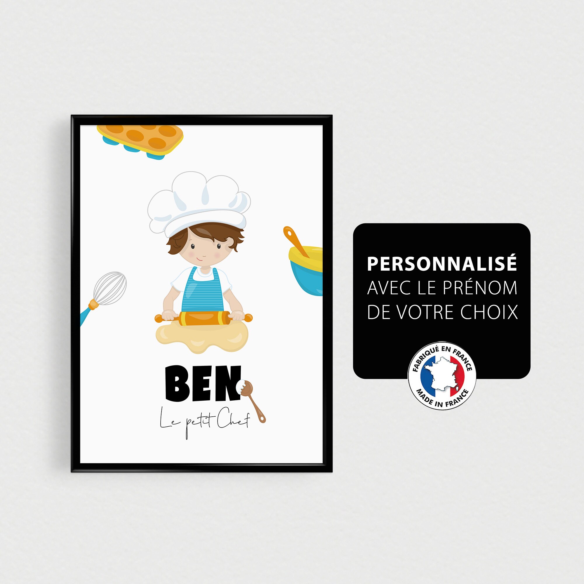 Affiche Prénom Personnalisé Enfant Cuisinier, Décoration de Chambre d'enfant ou Bébé, Cadeau Naissan