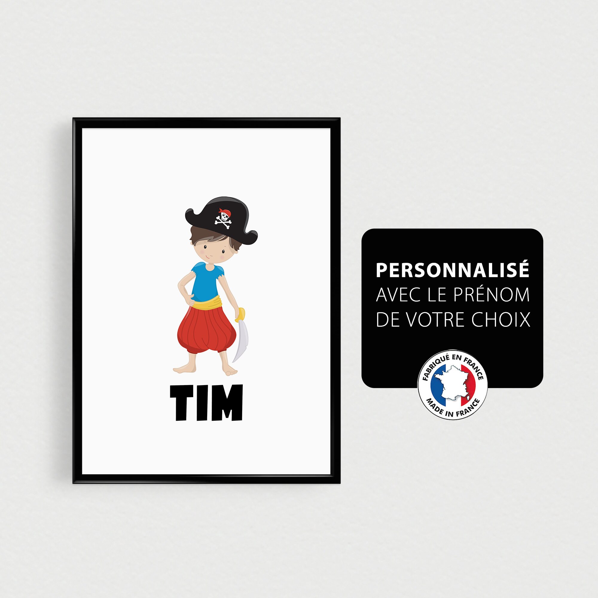 Affiche Prénom Personnalisé avec Un Pirate, Décoration de Chambre d'enfant, Cadeau Naissance Personn