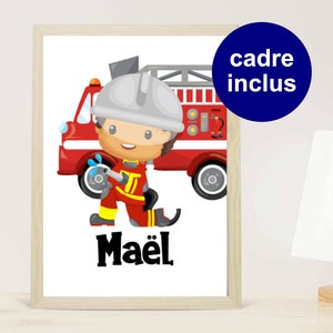 Customizable frame with a child firefighter, decoration of a firefighter boy's room