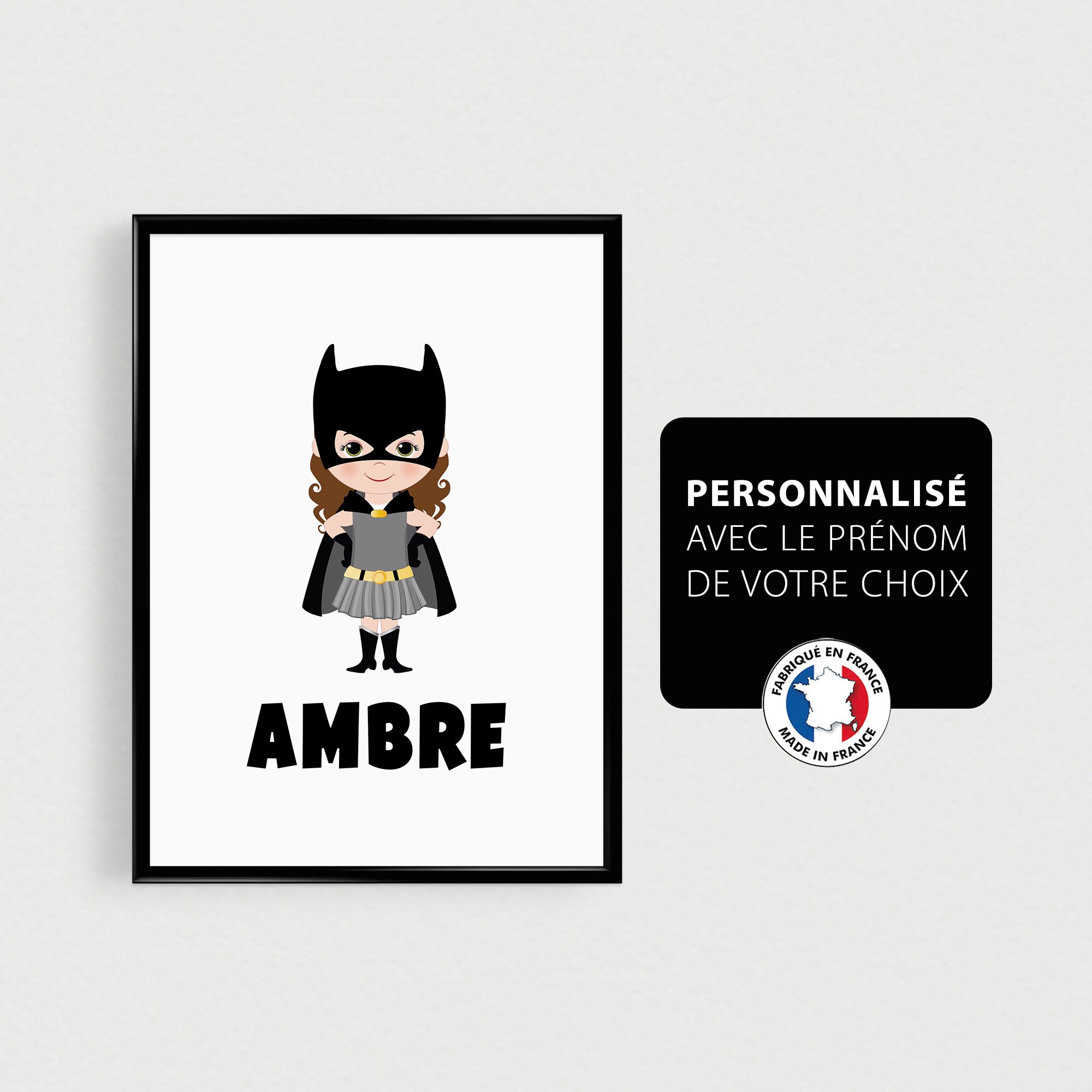 Affiche Prénom Personnalisé avec Un Superhéro Filles, Décoration de Chambre d'enfant Fille ou Bébé, 