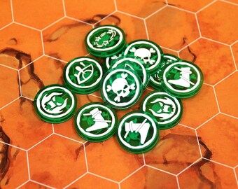 Set of 12 double-sided acrylic Negative Effect tokens compatible with the MotU Battlegrounds miniatures game