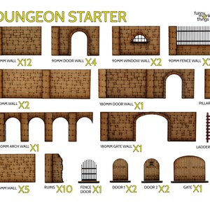 Puede incluir: Un conjunto de 12 piezas de inicio de mazmorra para juegos de mesa. El conjunto incluye muros, puertas, arcos, portales, pilares, escaleras y ruinas. Las piezas están hechas de madera y están pintadas en un esquema de colores marrón y tostado.