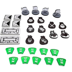May include: A set of black and white game pieces, including bags of coins, hourglass tokens, and square tiles. The pieces are made of acrylic and have a glossy finish.