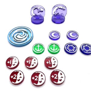 May include: A collection of colorful game tokens in various shapes and designs. Includes translucent purple figures, blue and white swirl tokens, green anchor tokens, and red tokens with white symbols and numbers.