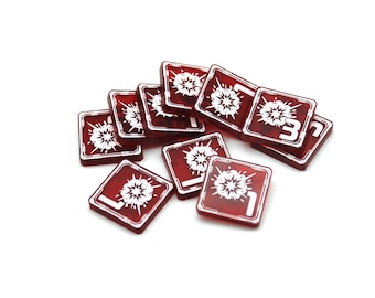 Set of 1/3 double-sided acrylic damage tokens compatible with the new SC TMG miniatures game, wargaming accessory set