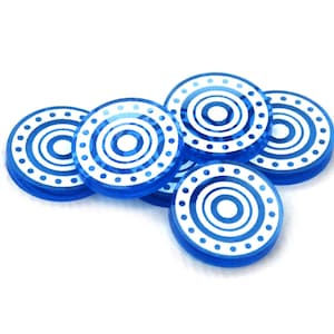 May include: A collection of six blue and white game pieces. Each piece is a flat, circular disc with a series of concentric circles and dotted patterns in white against a translucent blue background. The pieces are arranged on a white surface.