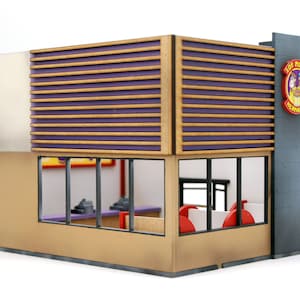 K&ouml;nnte beinhalten: Ein Miniaturmodell eines Fast-Food-Restaurants mit brauner und violetter Fassade. Das Restaurant hat ein gro&szlig;es Fenster mit Blick auf das Innere. Das Schild &uuml;ber dem Eingang lautet "Los Pollos Hermanos".