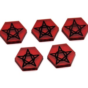 May include: Five red hexagonal game pieces with a black pentagram symbol on each.