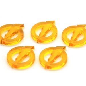 May include: Five translucent yellow acrylic tokens with a lightning bolt design. Each token is circular and features a stylized lightning bolt inside a circle.